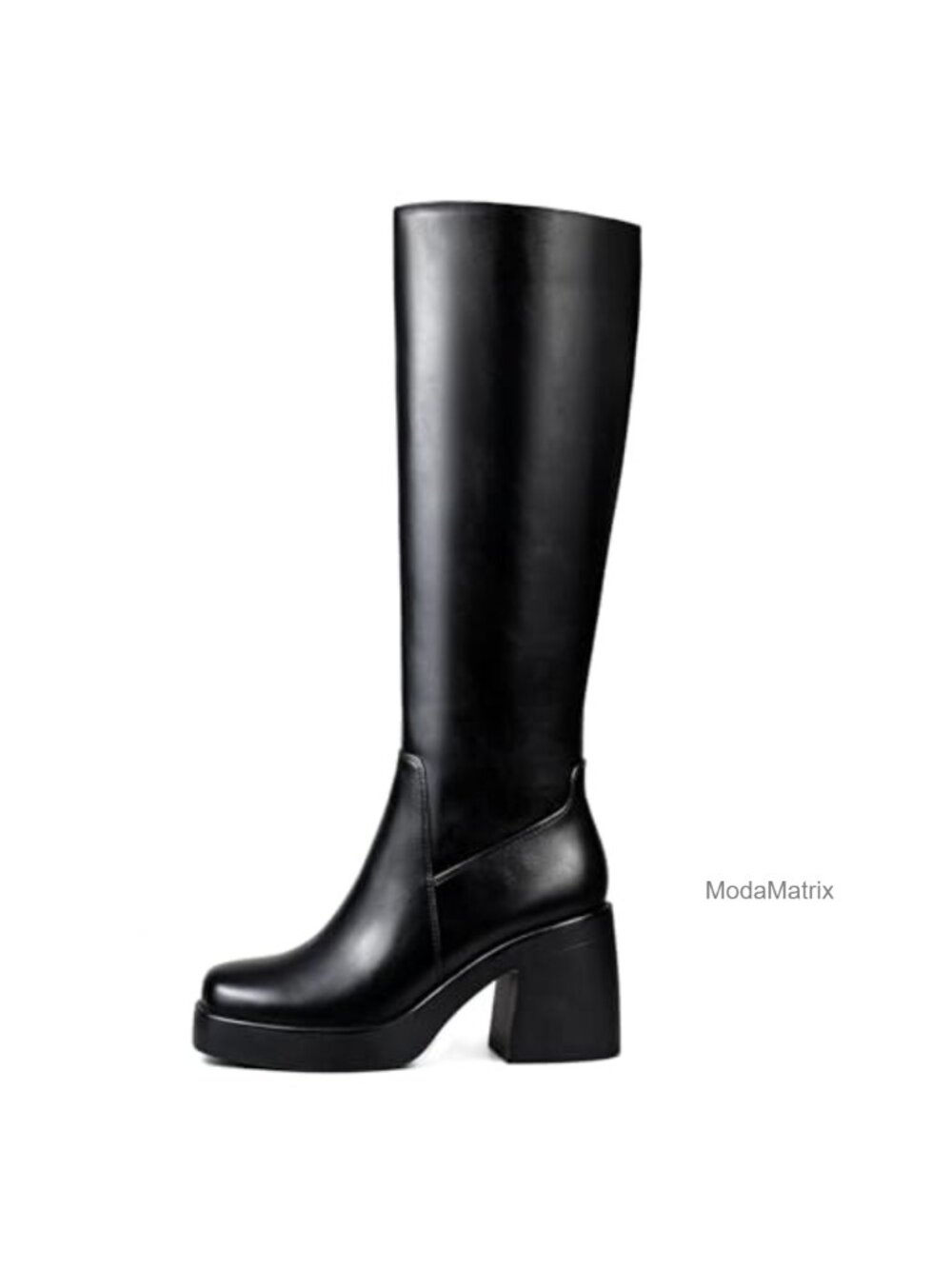 Platform Knee High Boots Faux Leather Chunky Heel Square Toe Tall Boot